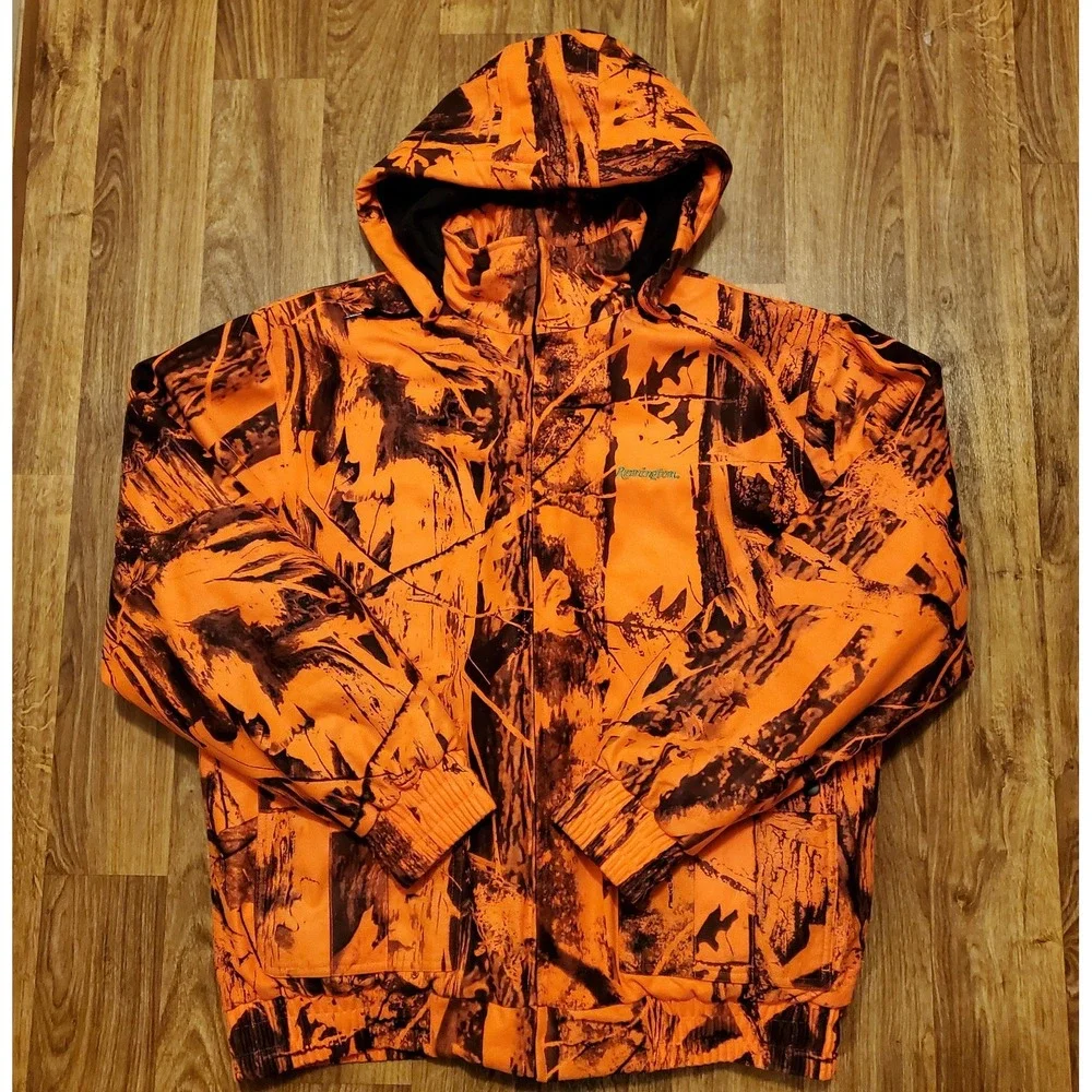 Remington‎ Hunting Jacket Men Large Orange Blaze Camouflage Hooded Warm